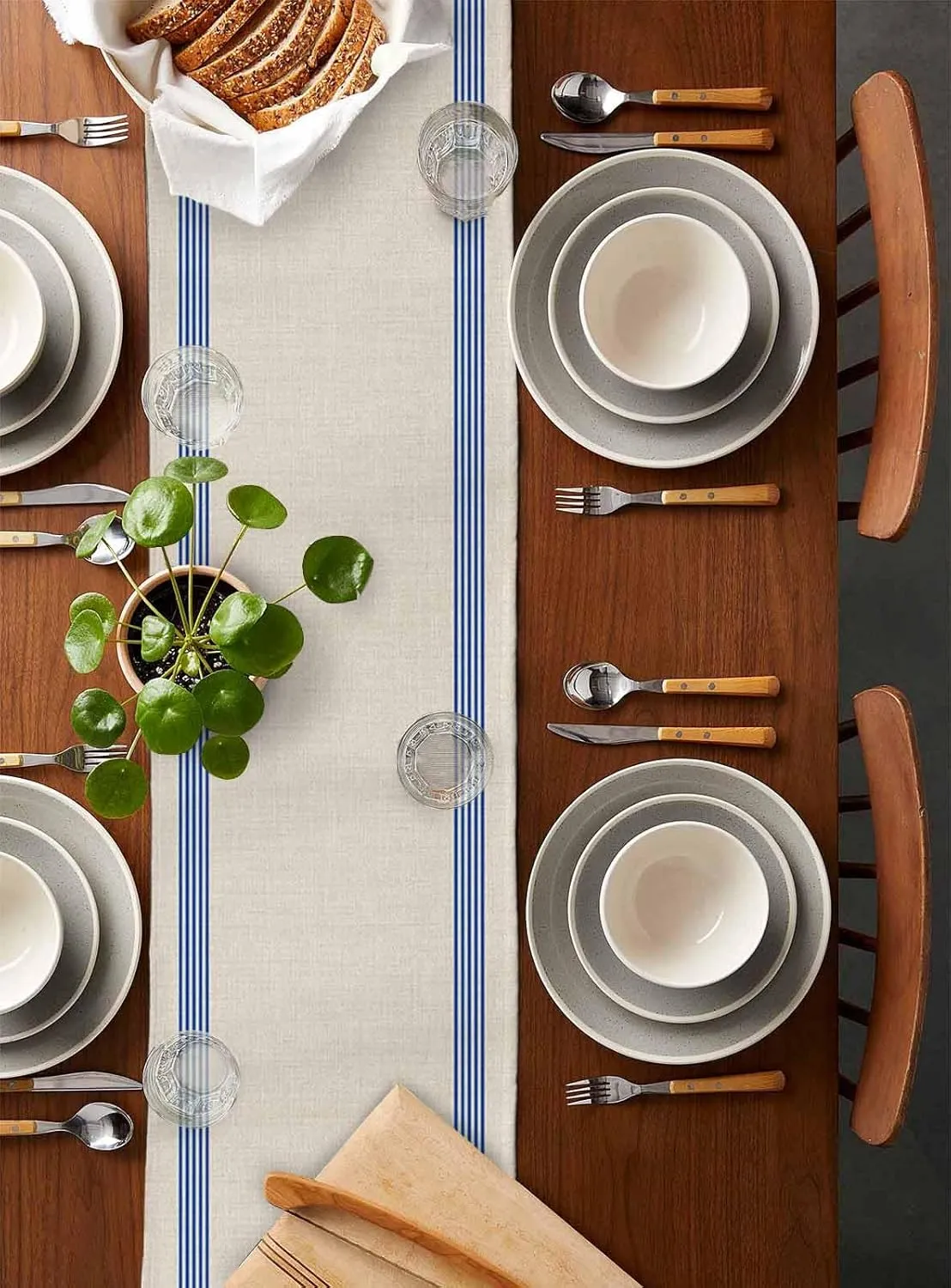 Table Runners-72 Inch Long,Classic Blue Striped Linen Dresser Scarves Dining Table Runner Retro Line on Linen Tabletop Scarf for Home Kitchen Holiday Party Decor