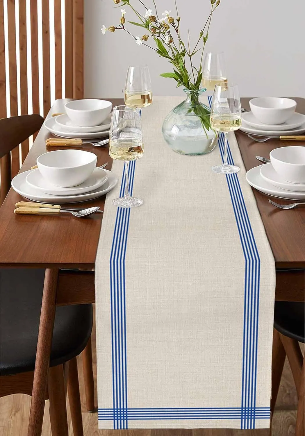 Table Runners-72 Inch Long,Classic Blue Striped Linen Dresser Scarves Dining Table Runner Retro Line on Linen Tabletop Scarf for Home Kitchen Holiday Party Decor
