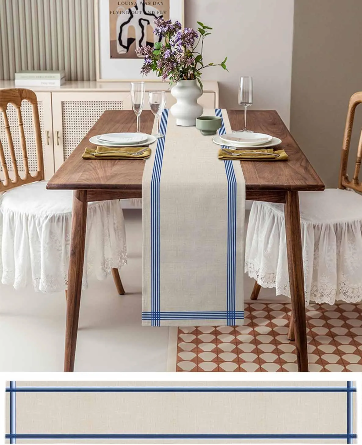 Table Runners-72 Inch Long,Classic Blue Striped Linen Dresser Scarves Dining Table Runner Retro Line on Linen Tabletop Scarf for Home Kitchen Holiday Party Decor