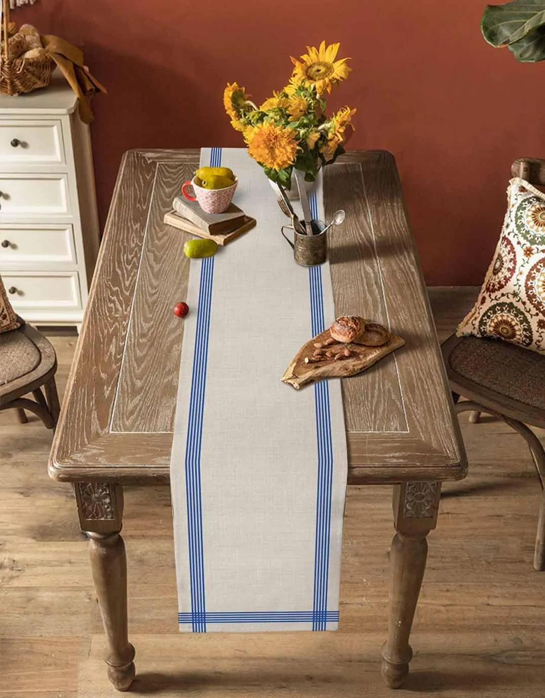 Table Runners-72 Inch Long,Classic Blue Striped Linen Dresser Scarves Dining Table Runner Retro Line on Linen Tabletop Scarf for Home Kitchen Holiday Party Decor