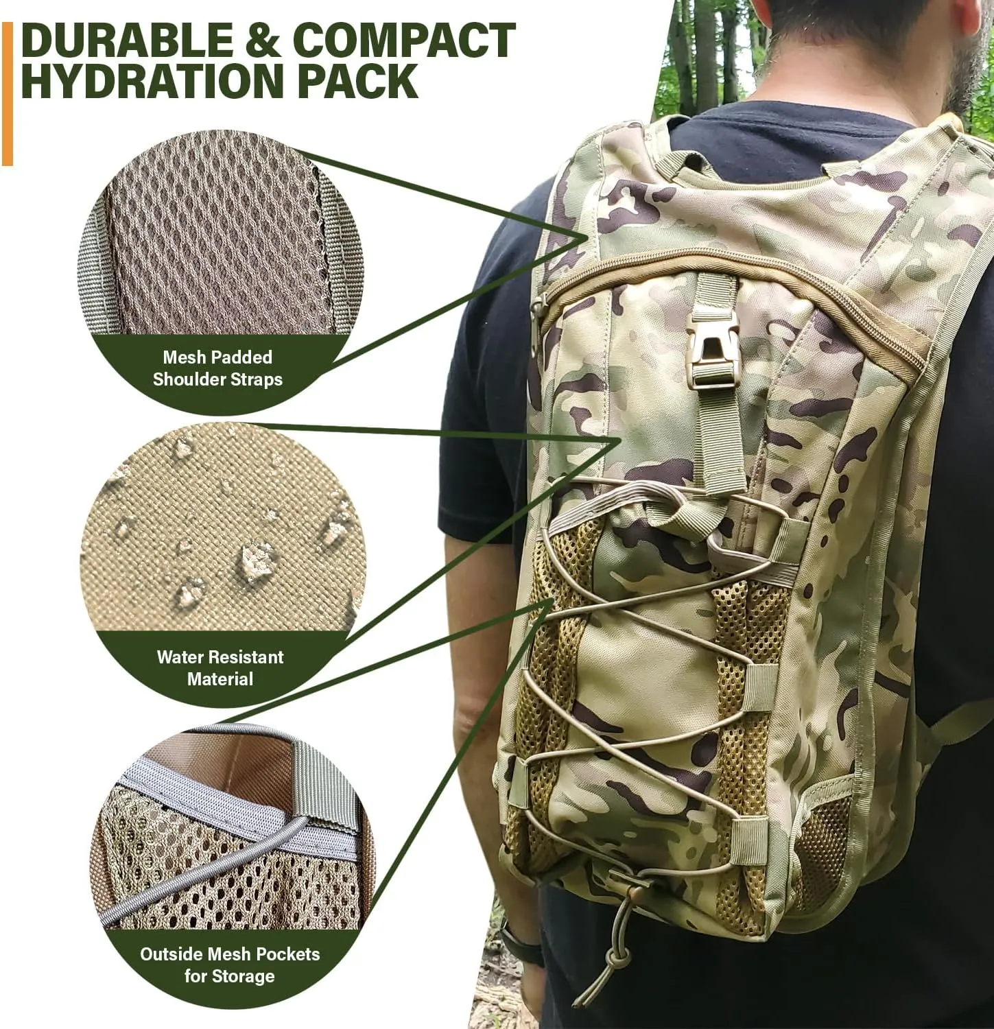 Tactical Hydration Pack with 3L Leak-Proof Water Bladder, Daypack for Hiking, Cycling, Running, Hunting & More - 4 Colors Available