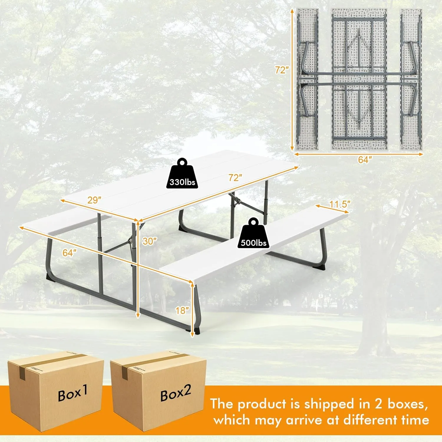 Tangkula 6 Ft Folding Picnic Table, Outdoor Picnic Table with 2 Built-in Benches, Umbrella Hole, Metal Frame & HDPE Tabletop, 8 Person Large Picnic Table and Bench Set for Garden, Backyard (White)
