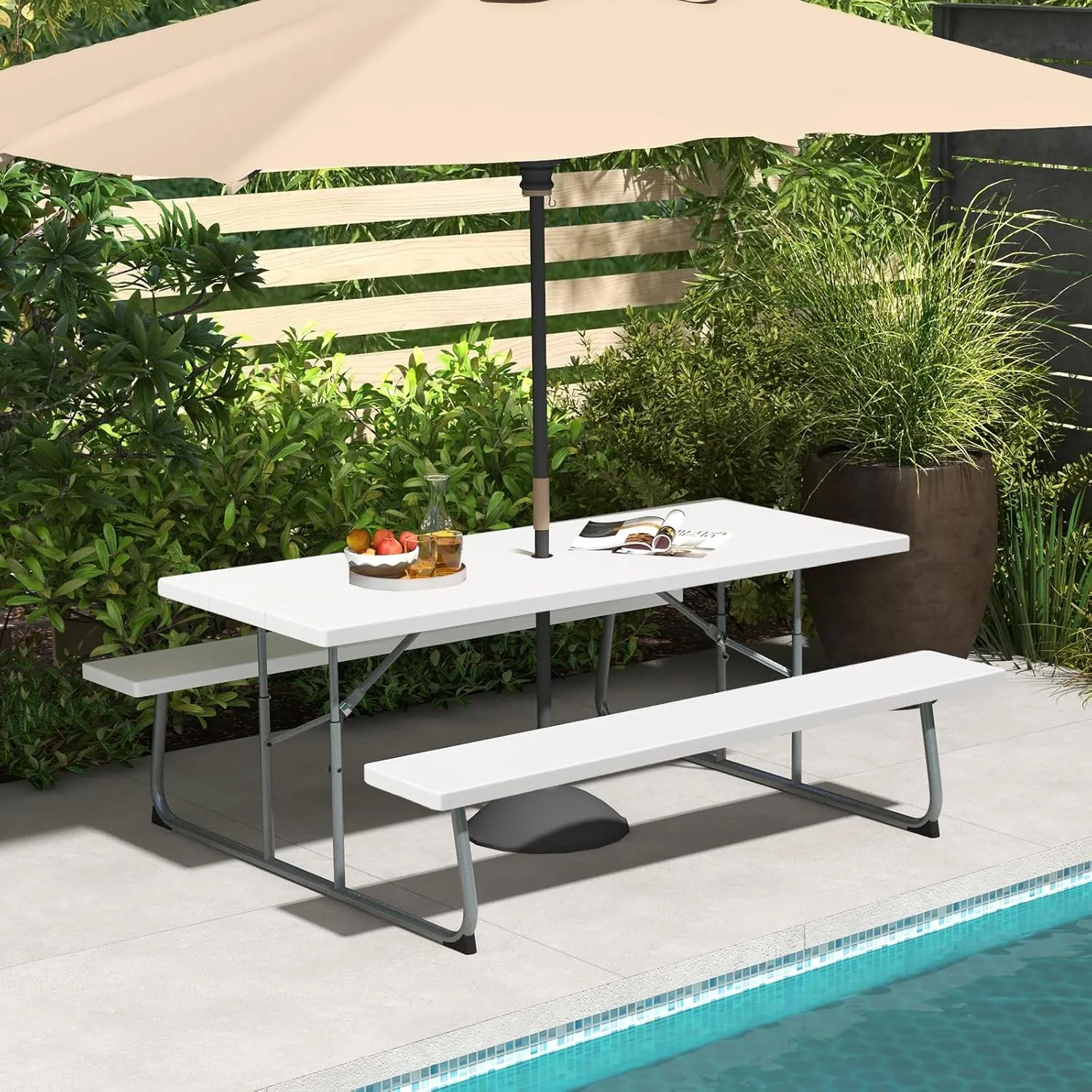 Tangkula 6 Ft Folding Picnic Table, Outdoor Picnic Table with 2 Built-in Benches, Umbrella Hole, Metal Frame & HDPE Tabletop, 8 Person Large Picnic Table and Bench Set for Garden, Backyard (White)