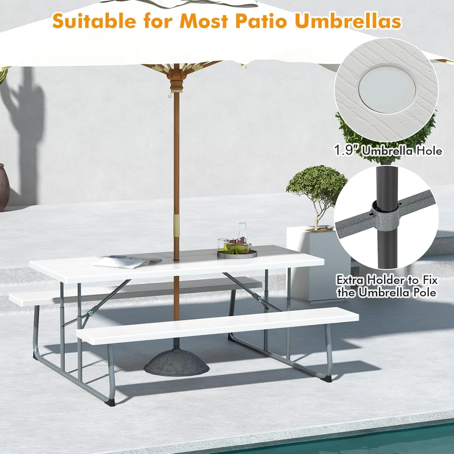 Tangkula 6 Ft Folding Picnic Table, Outdoor Picnic Table with 2 Built-in Benches, Umbrella Hole, Metal Frame & HDPE Tabletop, 8 Person Large Picnic Table and Bench Set for Garden, Backyard (White)