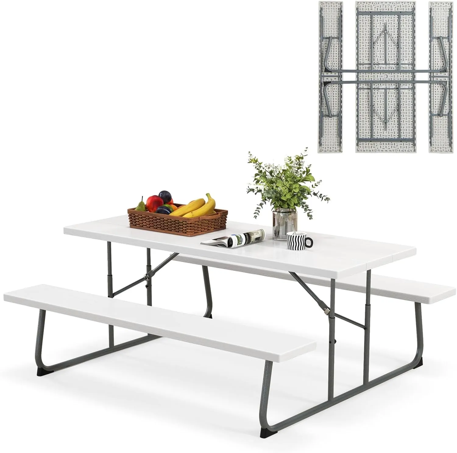 Tangkula 6 Ft Folding Picnic Table, Outdoor Picnic Table with 2 Built-in Benches, Umbrella Hole, Metal Frame & HDPE Tabletop, 8 Person Large Picnic Table and Bench Set for Garden, Backyard (White)