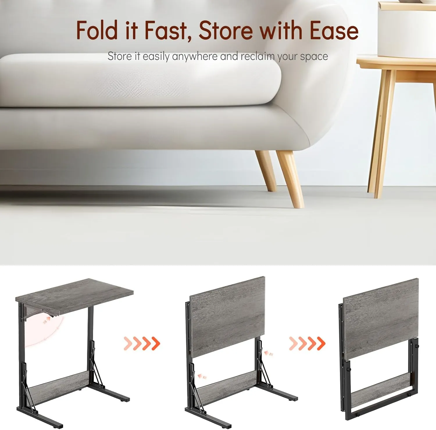 Tatub 24" Folding C Shaped End Table, Small Sofa Side Laptop Desk, Couch TV Tray Table for Living Room, Bedroom, Light Ivory