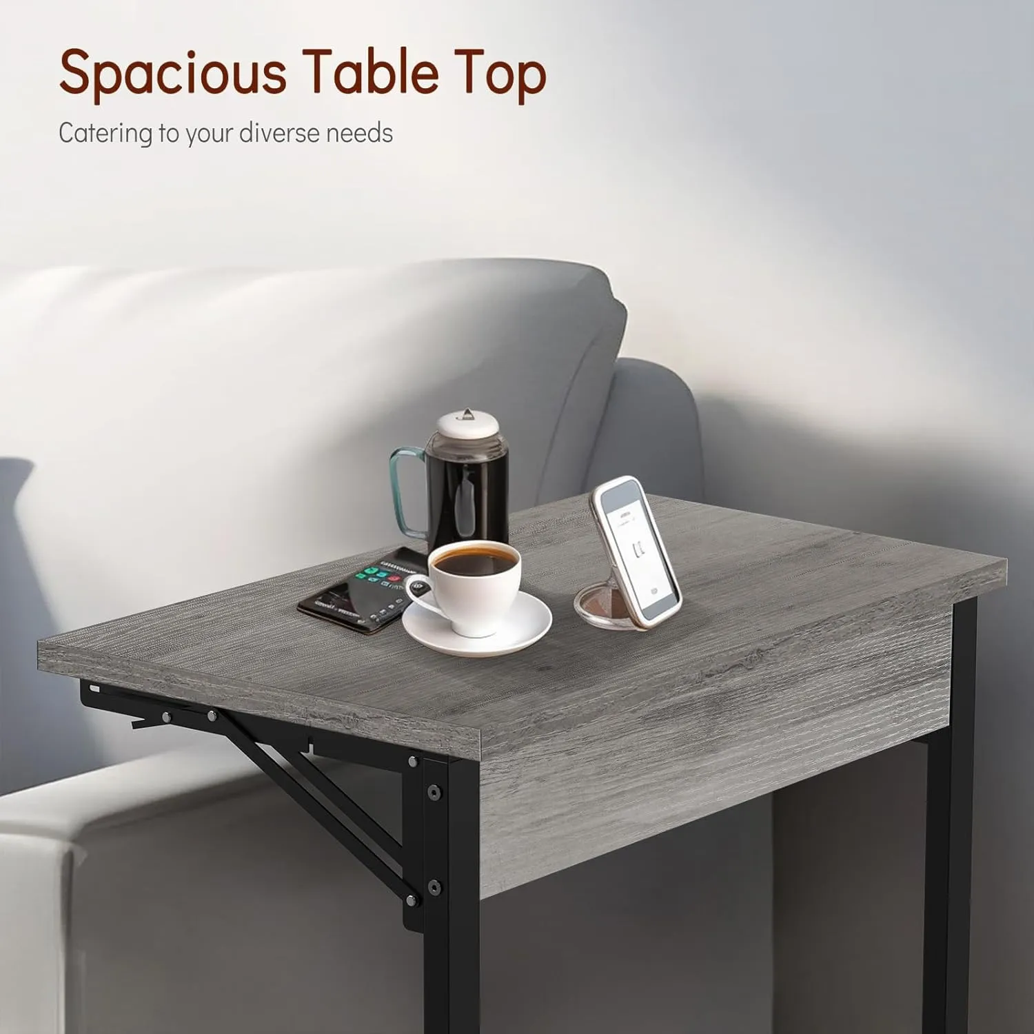 Tatub 24" Folding C Shaped End Table, Small Sofa Side Laptop Desk, Couch TV Tray Table for Living Room, Bedroom, Light Ivory