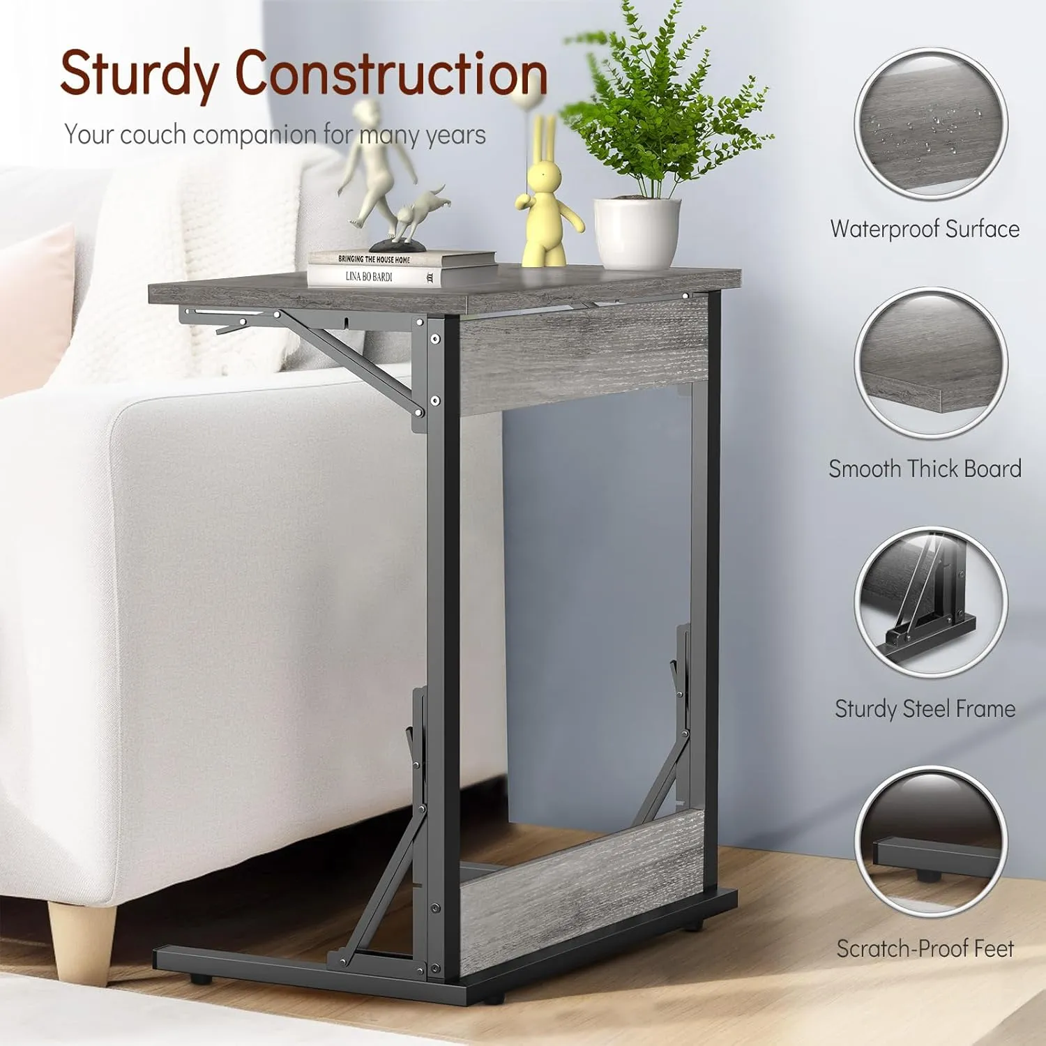 Tatub 24" Folding C Shaped End Table, Small Sofa Side Laptop Desk, Couch TV Tray Table for Living Room, Bedroom, Light Ivory