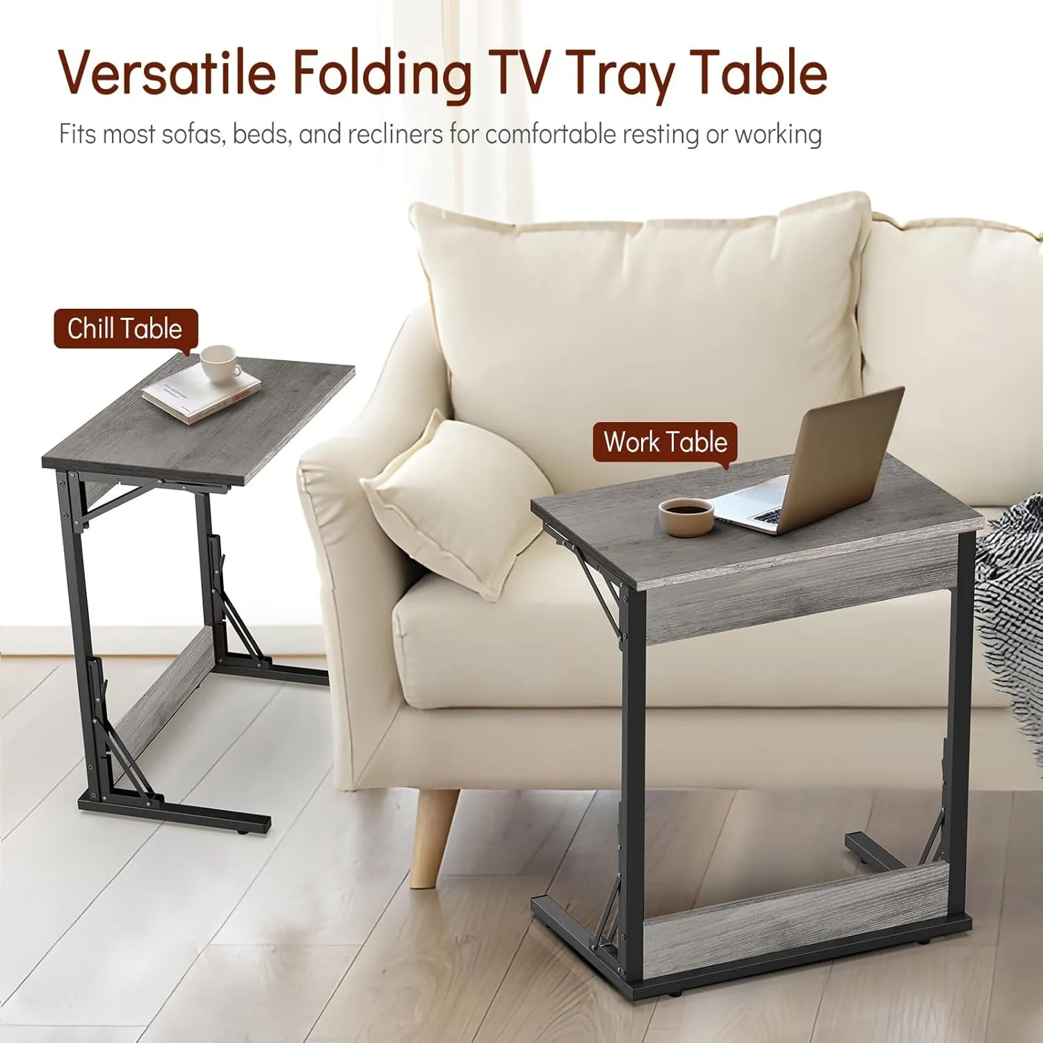 Tatub 24" Folding C Shaped End Table, Small Sofa Side Laptop Desk, Couch TV Tray Table for Living Room, Bedroom, Light Ivory