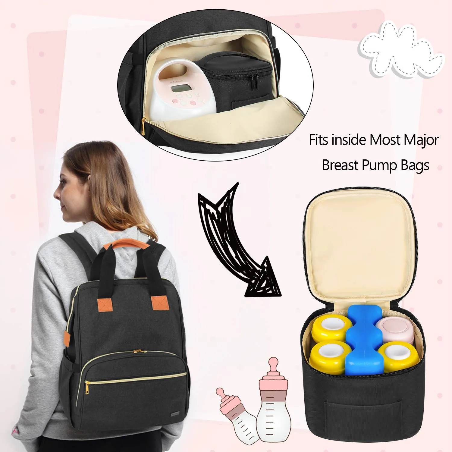 Teamoy Breastmilk Cooler Bag with Ice Pack, Baby Bottles Bag for up to 4 Large 5 Ounce Bottles Without Nipple, Perfect for Working Mom Mother, Black