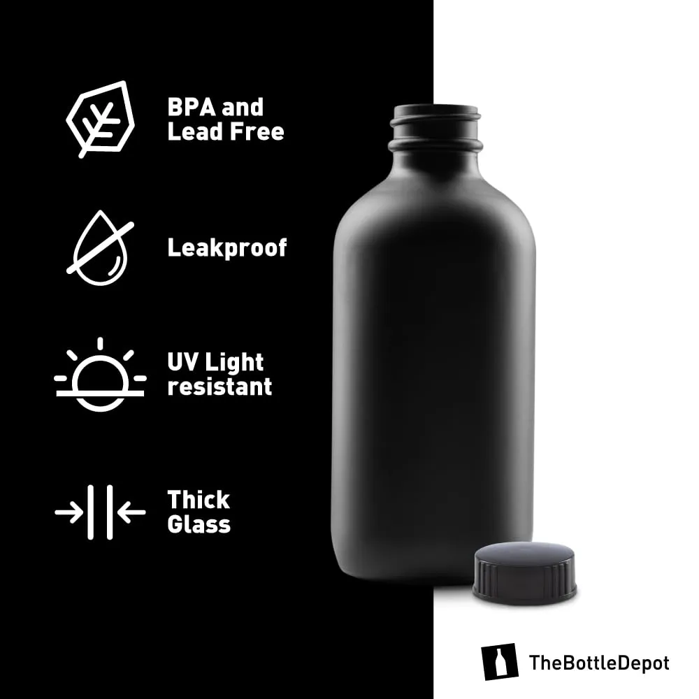 The Bottle Depot - 12 Pack - 8 oz Glass Bottles with Lids - Black Frosted - 28-400 Neck Finish - Boston Round Bottles - UV Rays Protection