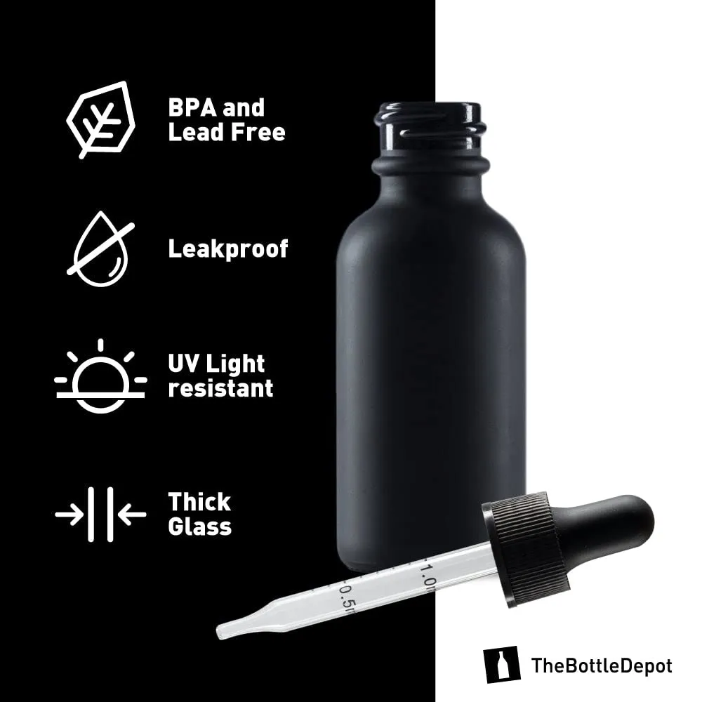 The Bottle Depot - 24 Pack - 1 oz Glass Bottle with Dropper - Black Frosted - 20-400 Neck Finish - Boston Round Bottles - UV Rays Protection