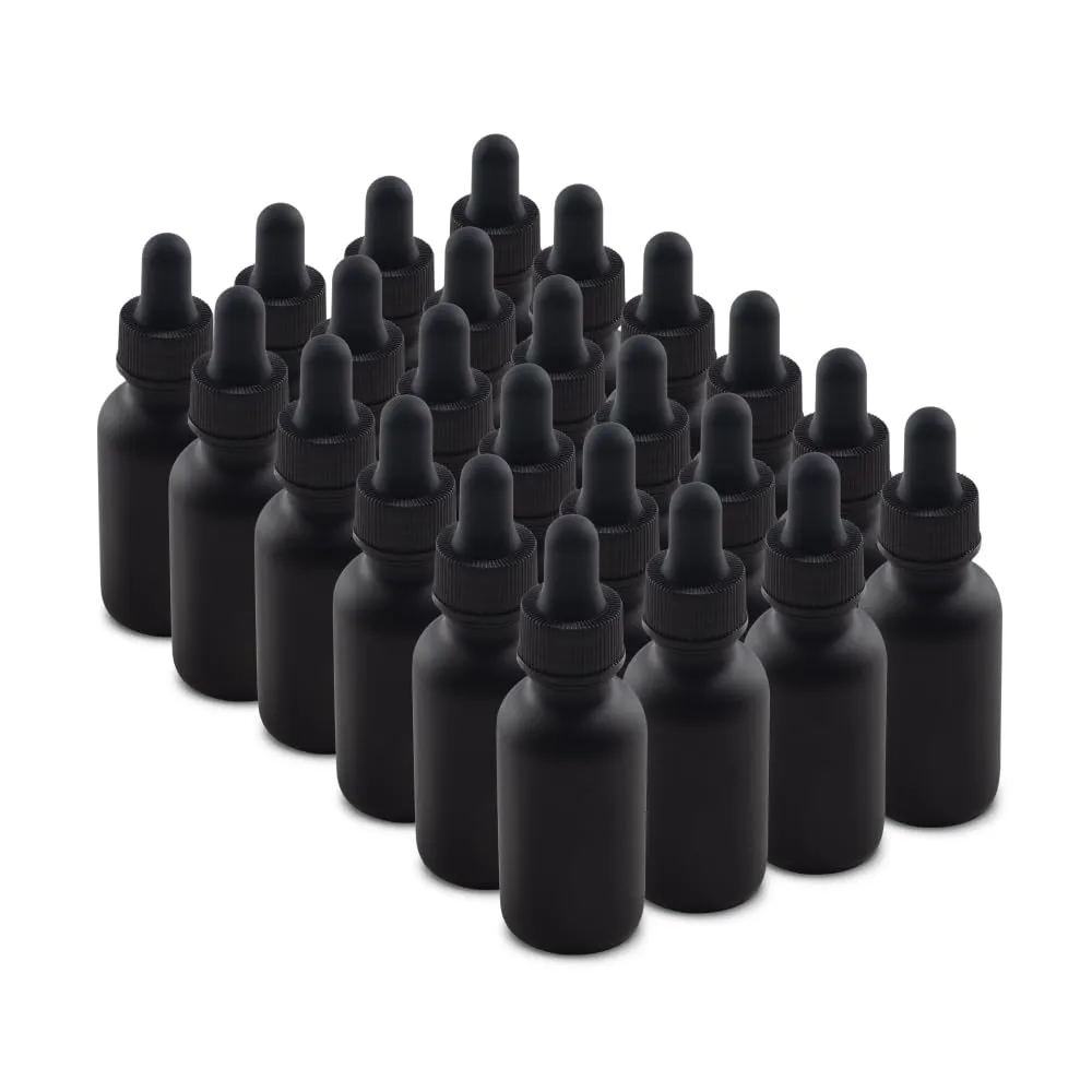 The Bottle Depot - 24 Pack - 1 oz Glass Bottle with Dropper - Black Frosted - 20-400 Neck Finish - Boston Round Bottles - UV Rays Protection