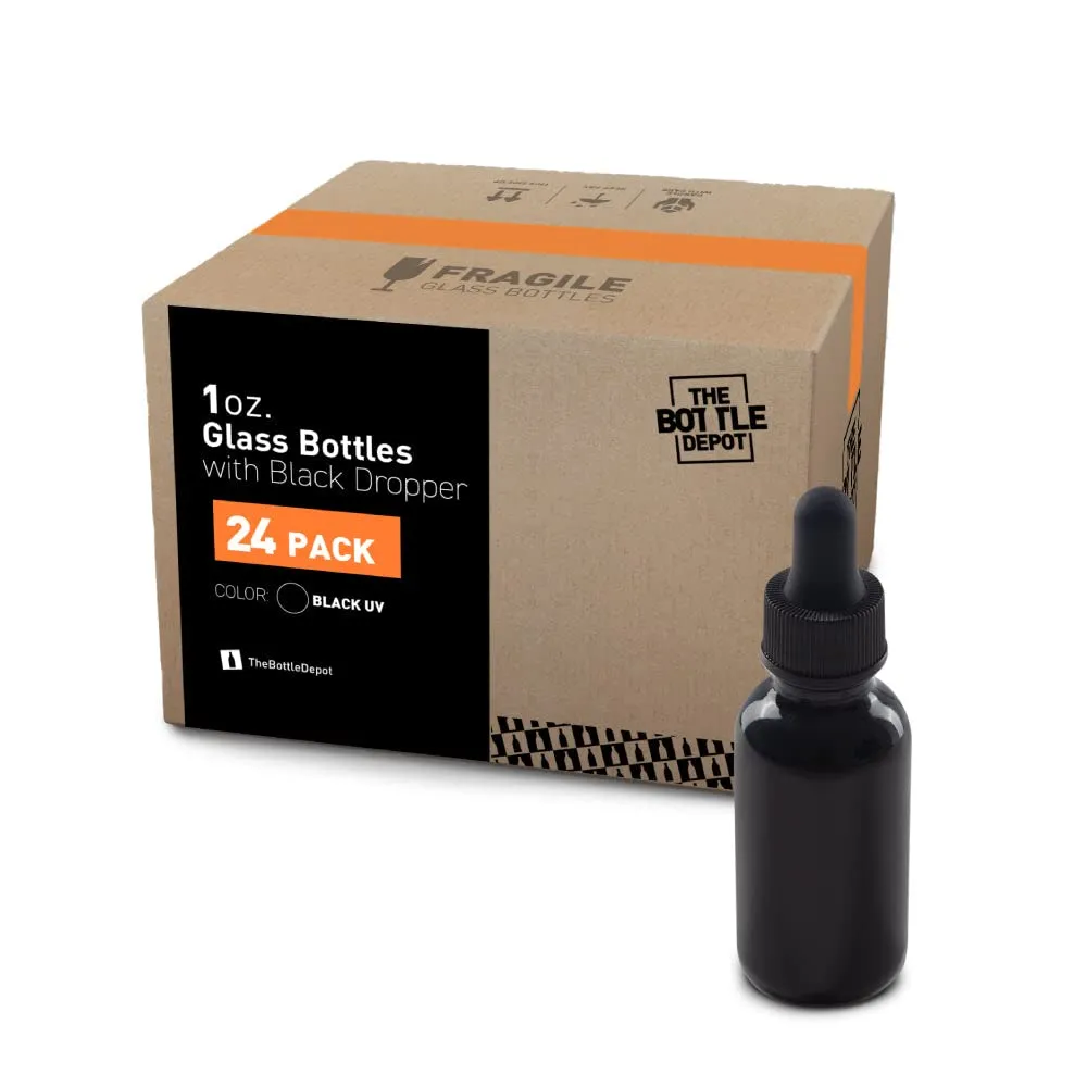 The Bottle Depot - 24 Pack - 1 oz Glass Bottle with Dropper - Black UV - 20-400 Neck Finish - Boston Round Bottles - UV Rays Protection