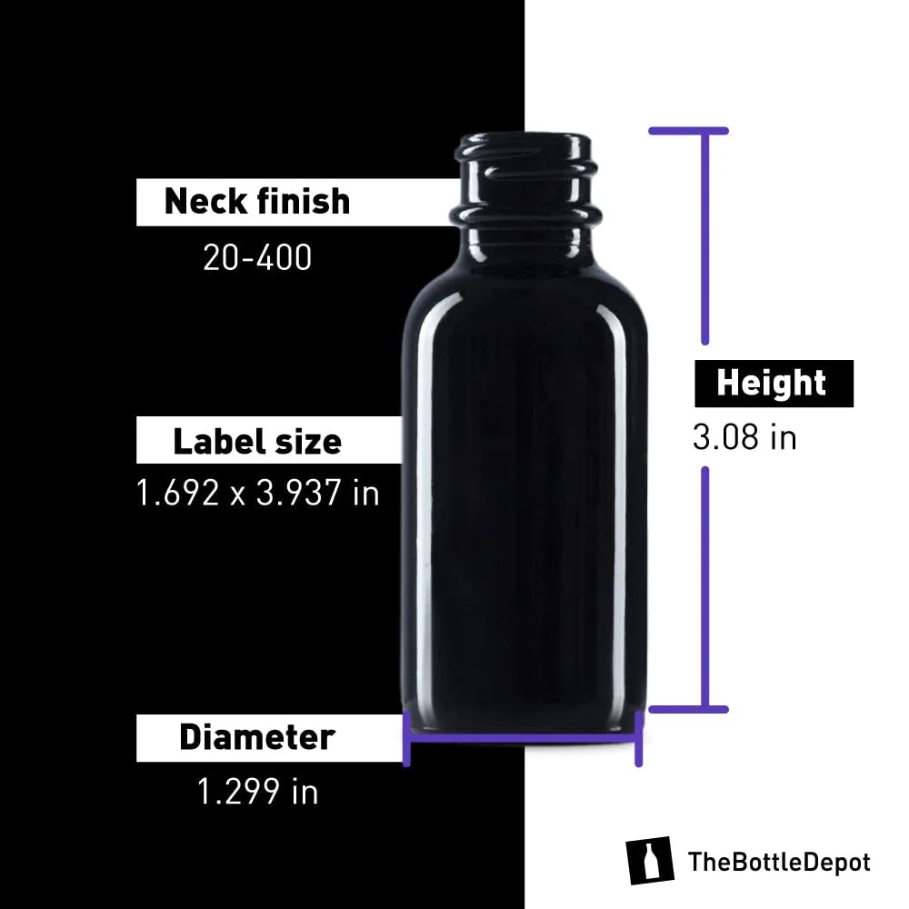 The Bottle Depot - 24 Pack - 1 oz Glass Bottle with Dropper - Black UV - 20-400 Neck Finish - Boston Round Bottles - UV Rays Protection