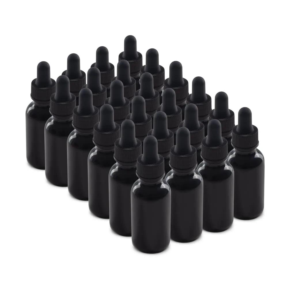 The Bottle Depot - 24 Pack - 1 oz Glass Bottle with Dropper - Black UV - 20-400 Neck Finish - Boston Round Bottles - UV Rays Protection