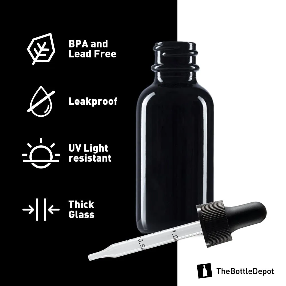 The Bottle Depot - 24 Pack - 1 oz Glass Bottle with Dropper - Black UV - 20-400 Neck Finish - Boston Round Bottles - UV Rays Protection