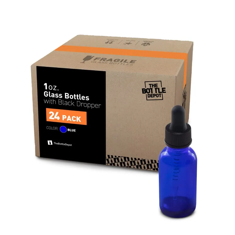 The Bottle Depot - 24 Pack - 1 oz Glass Bottle with Dropper - Blue - 20-400 Neck Finish - Boston Round Bottles - UV Rays Protection