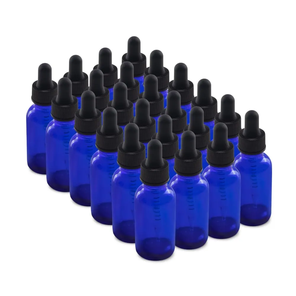 The Bottle Depot - 24 Pack - 1 oz Glass Bottle with Dropper - Blue - 20-400 Neck Finish - Boston Round Bottles - UV Rays Protection