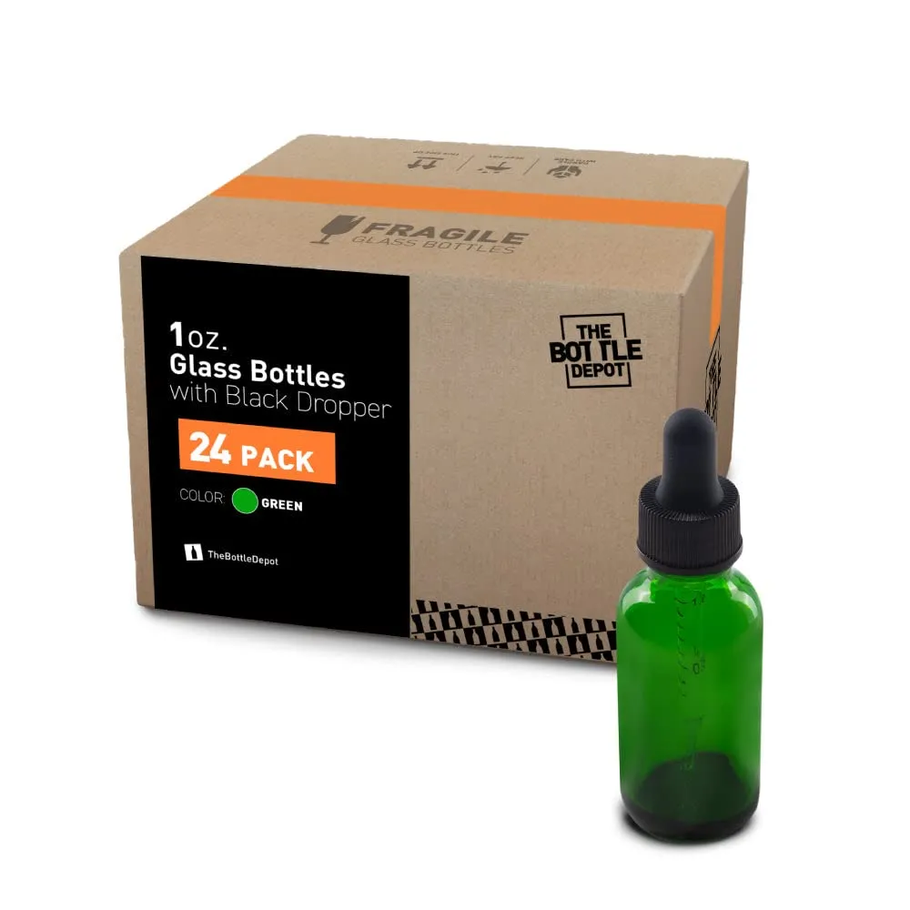 The Bottle Depot - 24 Pack - 1 oz Glass Bottle with Dropper - Green - 20-400 Neck Finish - Boston Round Bottles - UV Rays Protection
