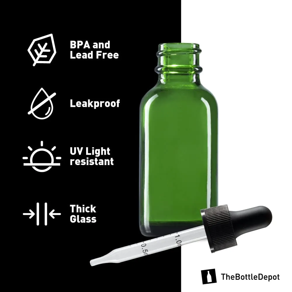 The Bottle Depot - 24 Pack - 1 oz Glass Bottle with Dropper - Green - 20-400 Neck Finish - Boston Round Bottles - UV Rays Protection