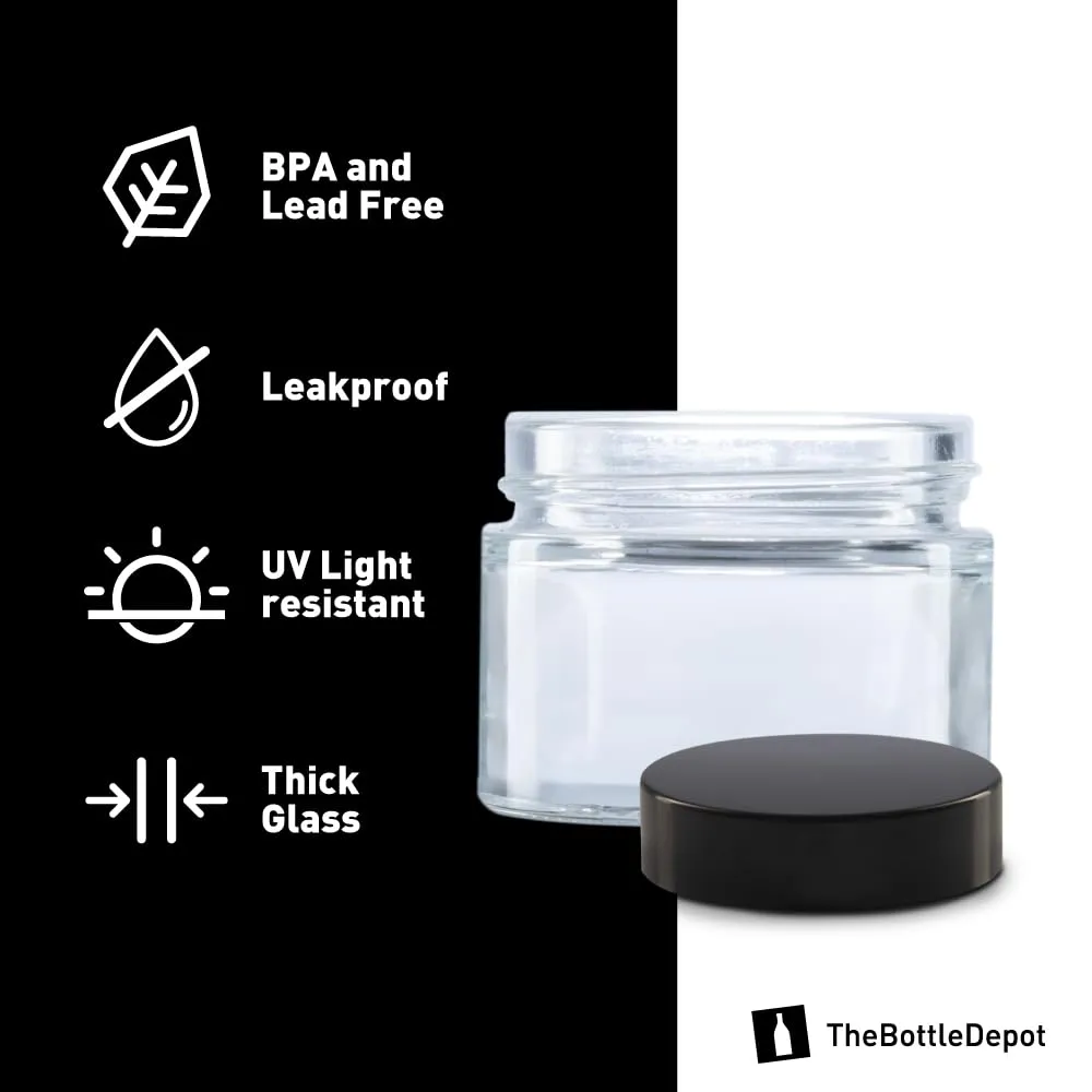 The Bottle Depot - 24 Pack - 1.7 oz Glass Jars with Black Lids - Clear - 53-400 Neck Finish - UV Rays Protection