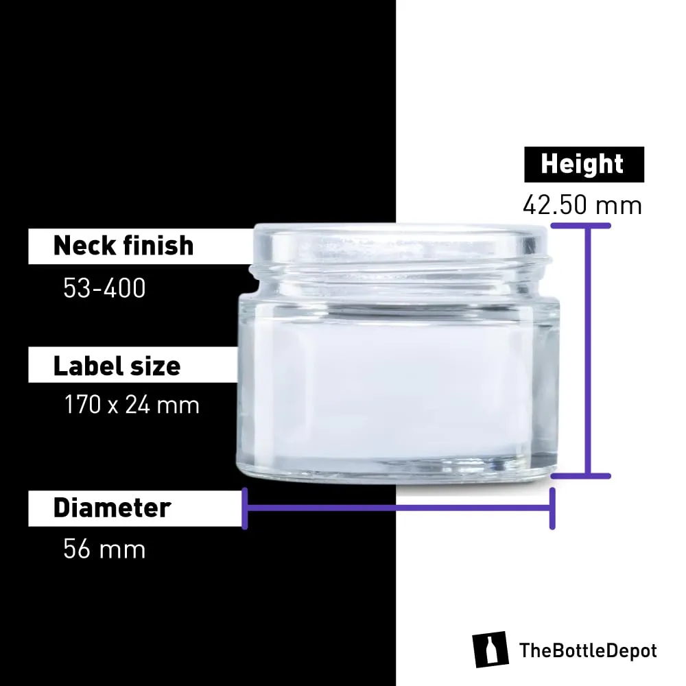 The Bottle Depot - 24 Pack - 1.7 oz Glass Jars with Black Lids - Clear - 53-400 Neck Finish - UV Rays Protection