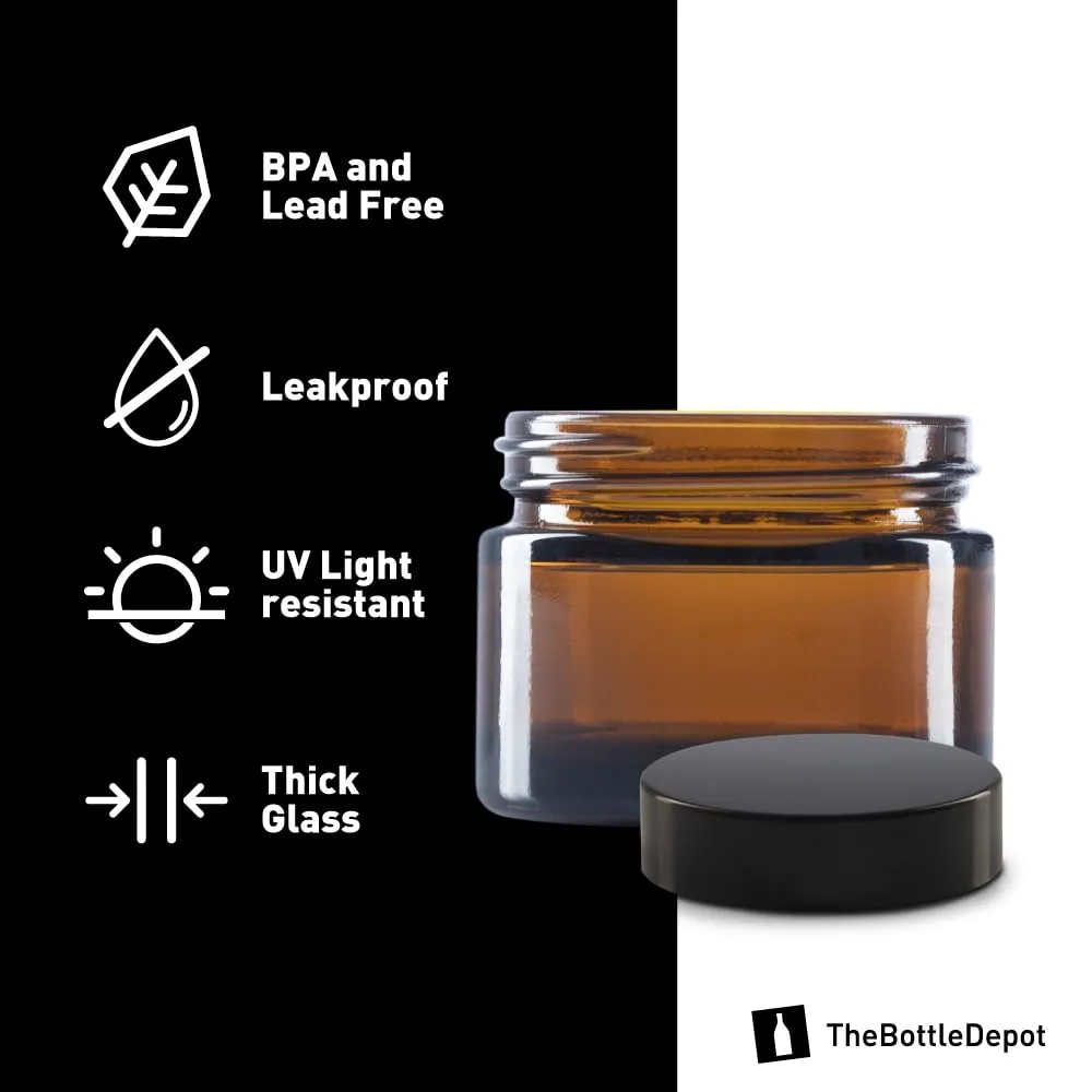 The Bottle Depot - 24 Pack - 1.7 oz Glass Jars with Black Lids - Clear Amber - 53-400 Neck Finish - UV Rays Protection