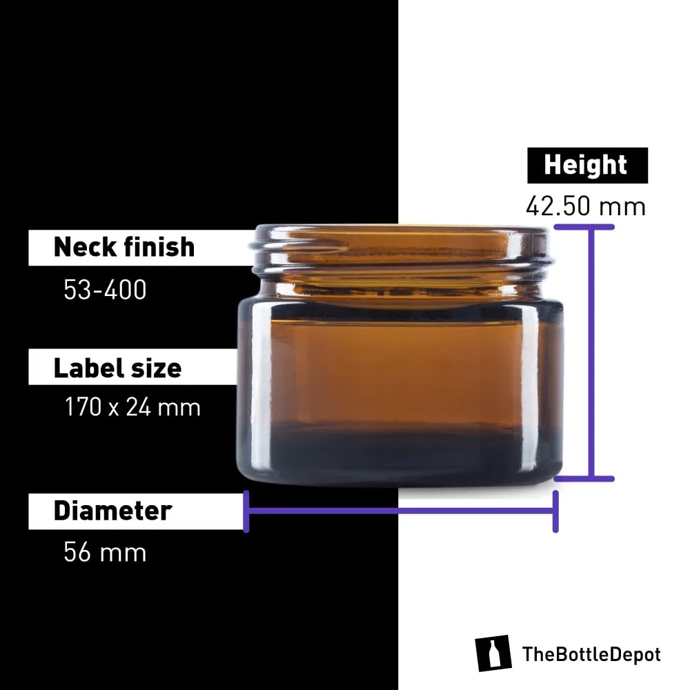The Bottle Depot - 24 Pack - 1.7 oz Glass Jars with Black Lids - Clear Amber - 53-400 Neck Finish - UV Rays Protection