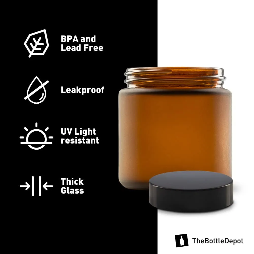 The Bottle Depot - 24 Pack - 4 oz Glass Jars with Black Lids - Amber Frosted - 58-400 Neck Finish - UV Rays Protection