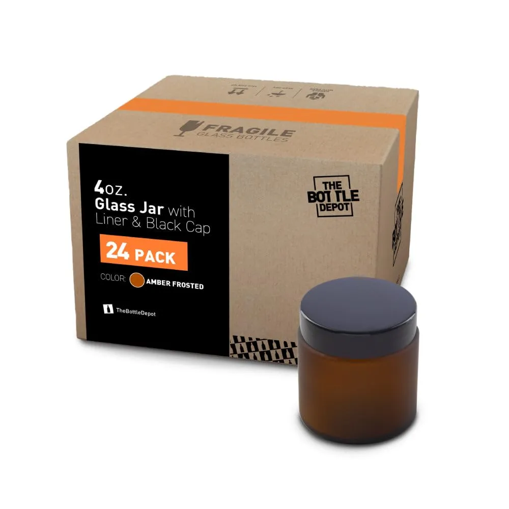 The Bottle Depot - 24 Pack - 4 oz Glass Jars with Black Lids - Amber Frosted - 58-400 Neck Finish - UV Rays Protection