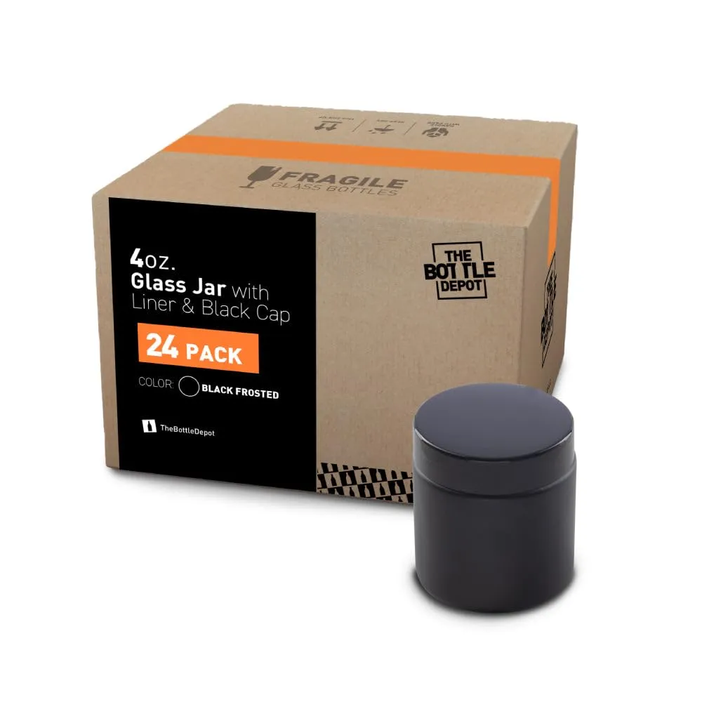 The Bottle Depot - 24 Pack - 4 oz Glass Jars with Black Lids - Black Frosted - 58-400 Neck Finish - UV Rays Protection