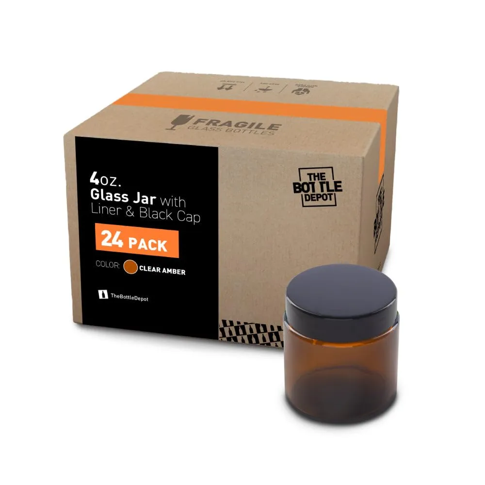 The Bottle Depot - 24 Pack - 4 oz Glass Jars with Black Lids - Clear Amber - 58-400 Neck Finish - UV Rays Protection