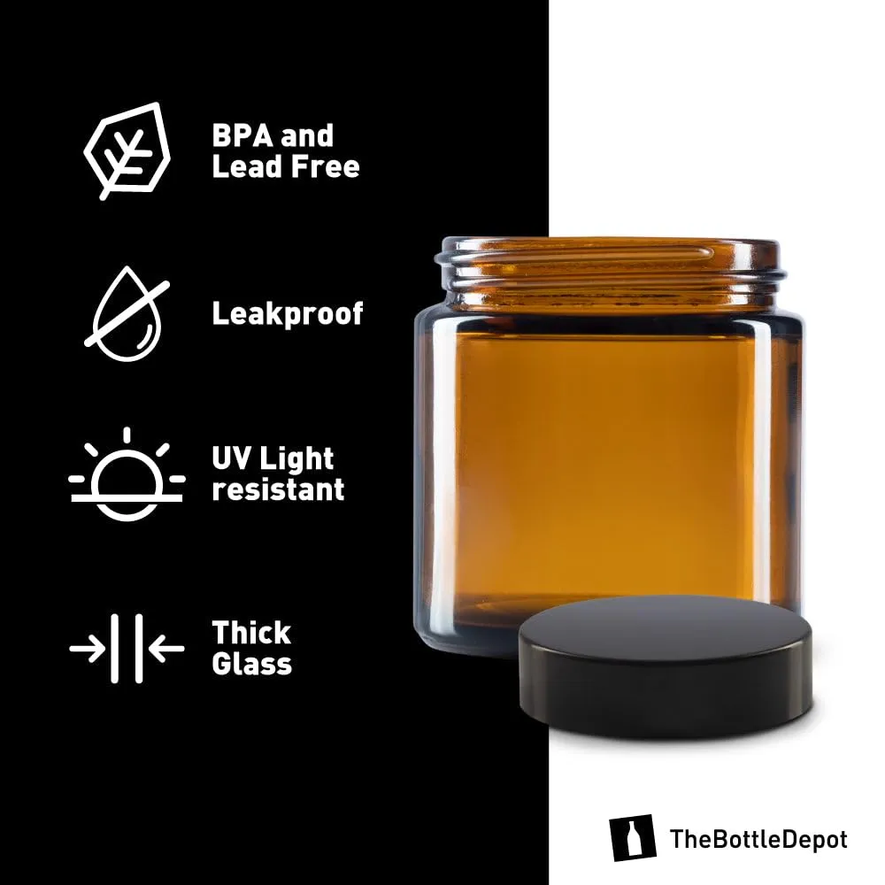 The Bottle Depot - 24 Pack - 4 oz Glass Jars with Black Lids - Clear Amber - 58-400 Neck Finish - UV Rays Protection