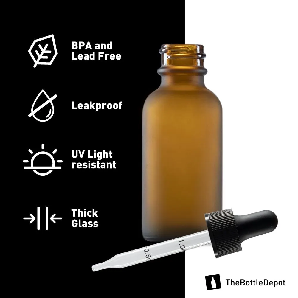 The Bottle Depot - 72 Pack - 1 oz Glass Bottle with Dropper - Amber Frosted - 20-400 Neck Finish - Boston Round Bottles - UV Rays Protection