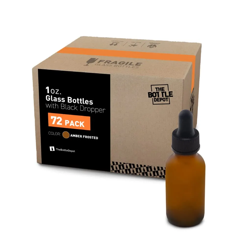 The Bottle Depot - 72 Pack - 1 oz Glass Bottle with Dropper - Amber Frosted - 20-400 Neck Finish - Boston Round Bottles - UV Rays Protection