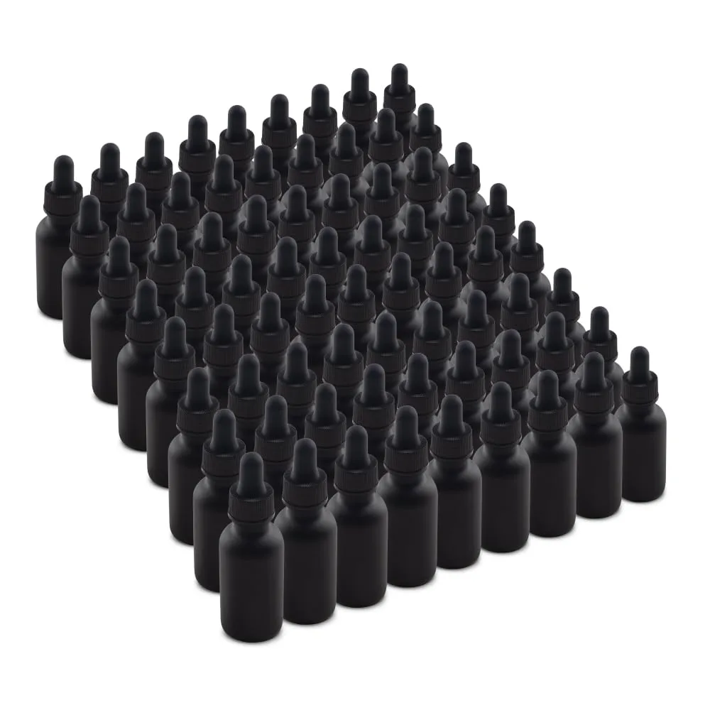 The Bottle Depot - 72 Pack - 1 oz Glass Bottle with Dropper - Black Frosted - 20-400 Neck Finish - Boston Round Bottles - UV Rays Protection