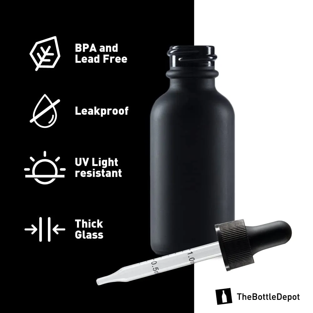 The Bottle Depot - 72 Pack - 1 oz Glass Bottle with Dropper - Black Frosted - 20-400 Neck Finish - Boston Round Bottles - UV Rays Protection