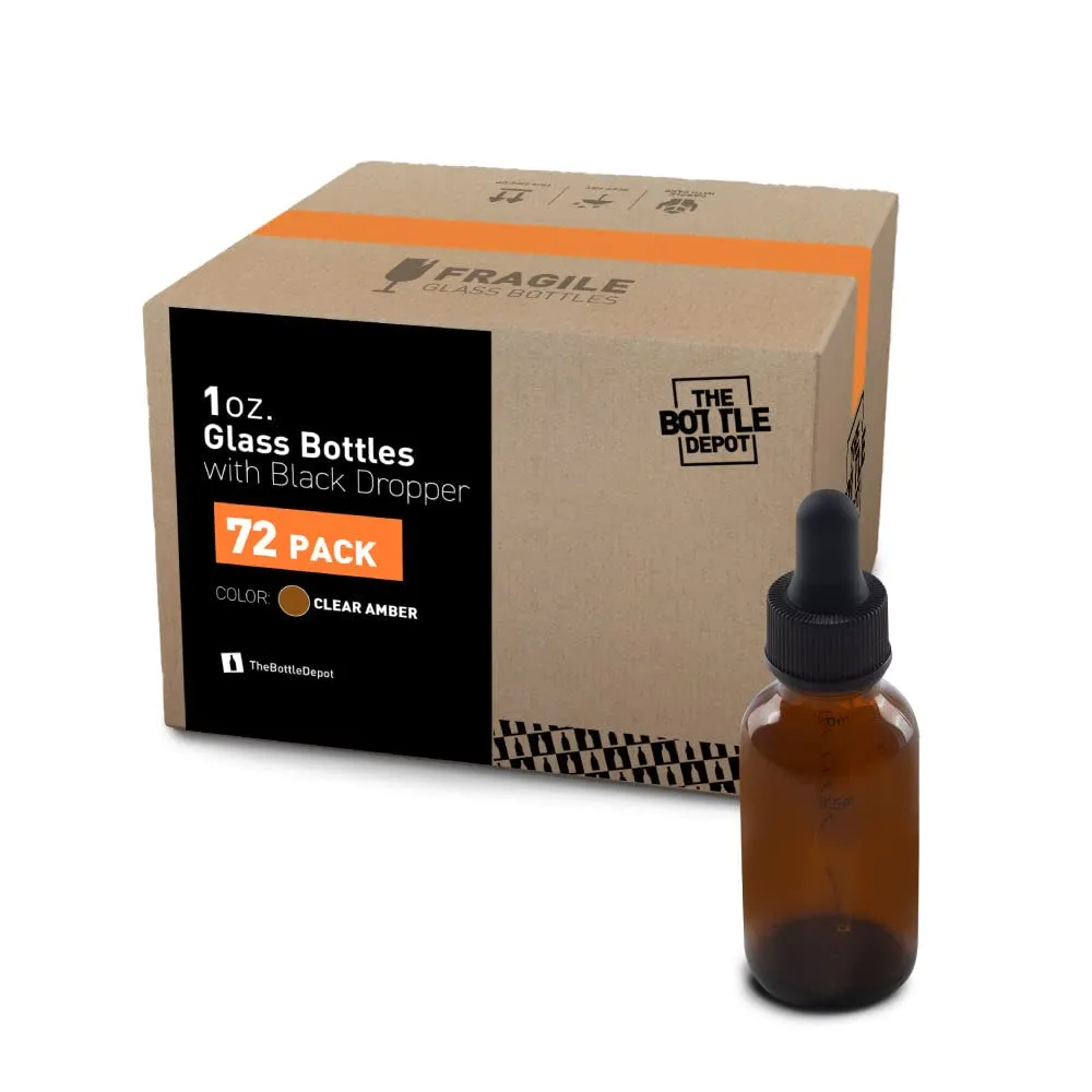 The Bottle Depot - 72 Pack - 1 oz Glass Bottle with Dropper - Clear Amber - 20-400 Neck Finish - Boston Round Bottles - UV Rays Protection