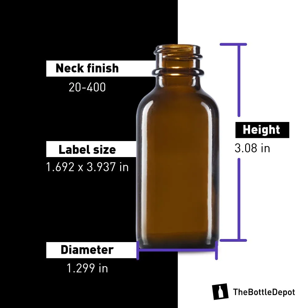 The Bottle Depot - 72 Pack - 1 oz Glass Bottle with Dropper - Clear Amber - 20-400 Neck Finish - Boston Round Bottles - UV Rays Protection
