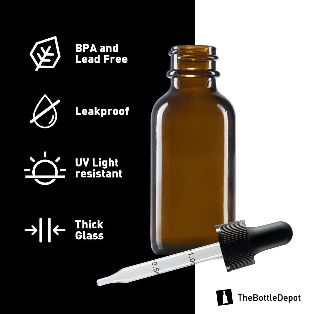 The Bottle Depot - 72 Pack - 1 oz Glass Bottle with Dropper - Clear Amber - 20-400 Neck Finish - Boston Round Bottles - UV Rays Protection