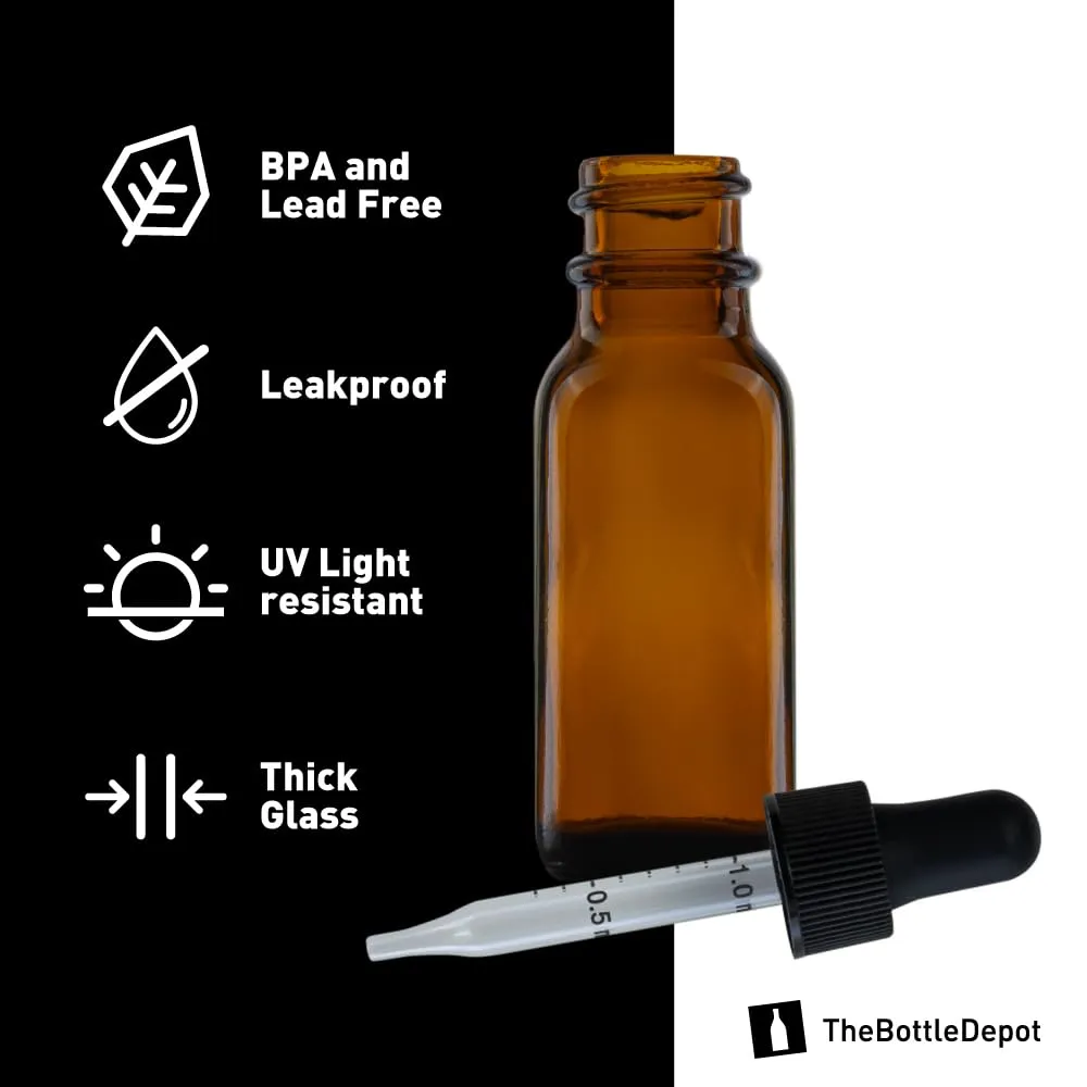 The Bottle Depot - Eye Dropper Bottle 0.5 oz - 24 Pack (15 ml Clear Amber Glass Dropper Bottles with Black Glass Pipette) Empty Tincture Bottles with Droppers - 18-400 Neck Finish