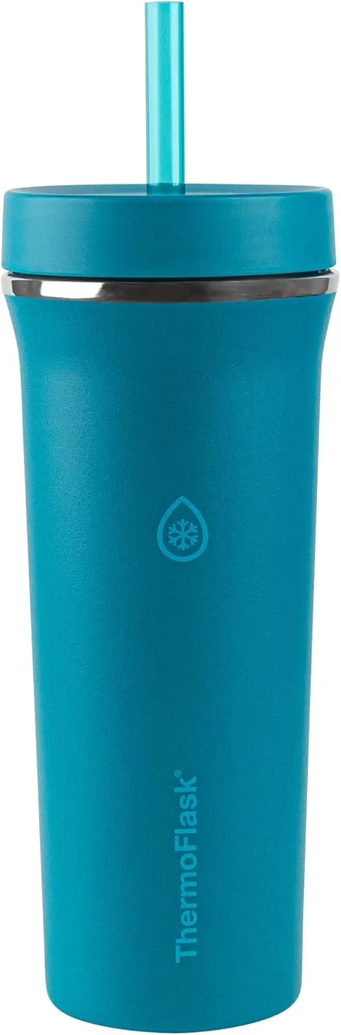 ThermoFlask Premium Quality Double Wall Insulated Stainless Steel Tumbler with Handle and Straw Lid, 32 Ounce, 2-Pack, Crystal Teal/Circular Grey
