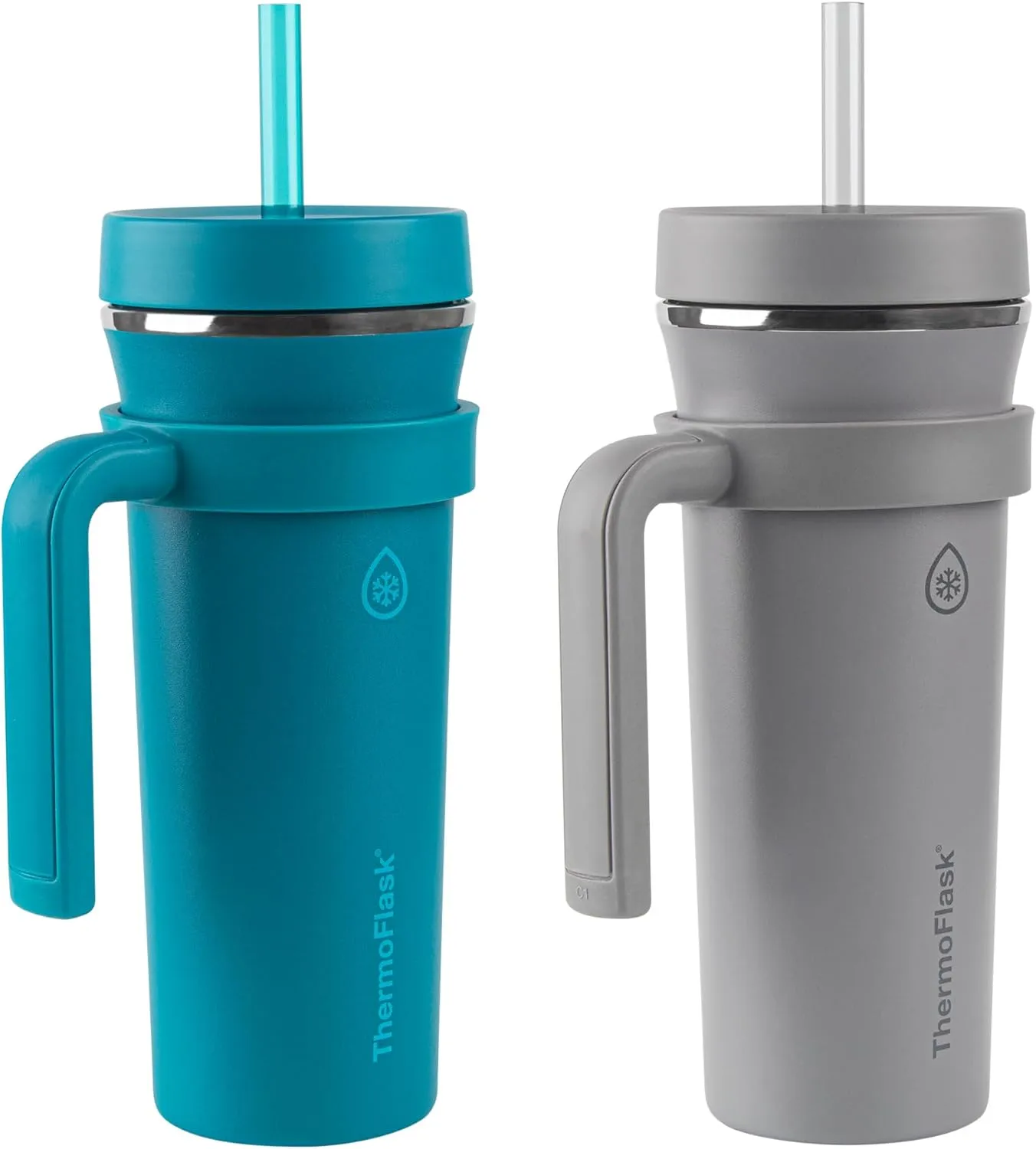 ThermoFlask Premium Quality Double Wall Insulated Stainless Steel Tumbler with Handle and Straw Lid, 32 Ounce, 2-Pack, Crystal Teal/Circular Grey