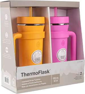 ThermoFlask Premium Quality Double Wall Insulated Stainless Steel Tumbler with Handle and Straw Lid, 32 Ounce, 2-Pack, Honeycomb/Hot Pink