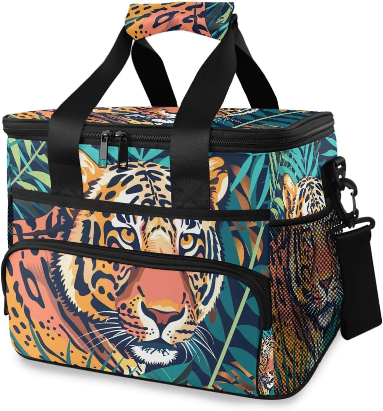 Tiger Palm Leaves Tropical Cooler Bag Insulated Cooler Soft Sided Cooler 24 Can Portable Picnic Bag Large Leakproof Lunch Bag Box for Beach Grocery Camping Travel Car Men Women