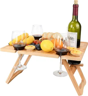 Tirrinia Portable Wine Picnic Table, Ideal Wine Gift for Women Men, Outdoor Folding Table & Beach Charcuterie Board with Wine Glasses Holder for Camping, Park, Party, Garden Concerts, Wooden