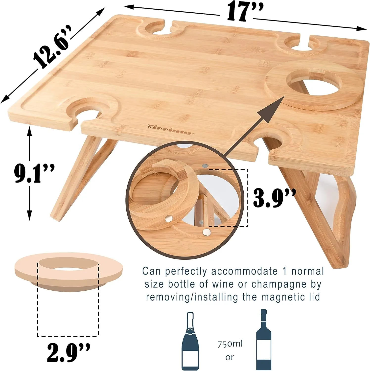 Tirrinia Portable Wine Picnic Table, Ideal Wine Gift for Women Men, Outdoor Folding Table & Beach Charcuterie Board with Wine Glasses Holder for Camping, Park, Party, Garden Concerts, Wooden