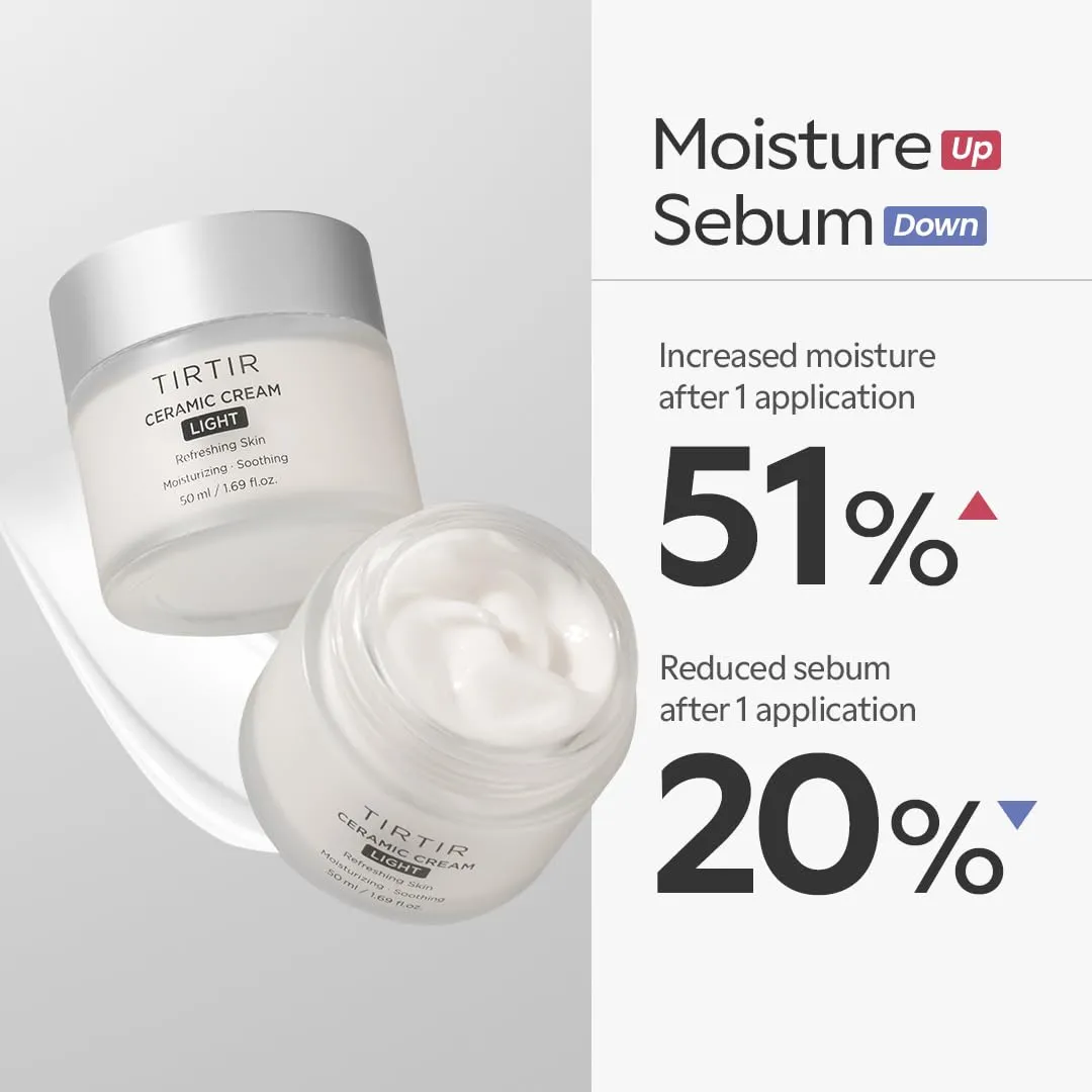 TIRTIR Ceramic Cream Light | Deep moisturizer for Glass Skin, Polyglutamic acid, Centella Asiatica Extract, Skin barrier, Lightweight, Mild, Nature derived ingredients, Dry skin, Korean skincare