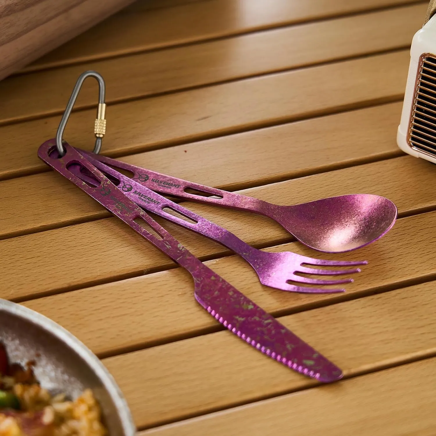 Titanium 3 Piece Cutlery Set, Extra Strong Ultra-Lightweight Durable Knife Fork & Spoon Tableware for Outdoor Camping & Hiking, Comes with Drawstring Bag & Titanium Carabiner-Purple